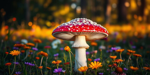Red spotted fly agaric mushroom stands in meadow. Sunlight, floral scenery, grass, colorful flowers. Autumn season in forest. Botanical garden landscape macro photo