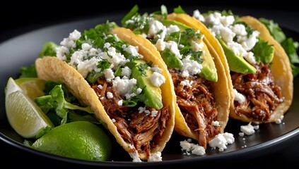 Delicious Tacos with Avocado, Cheese, and Lime on a Black Plate
