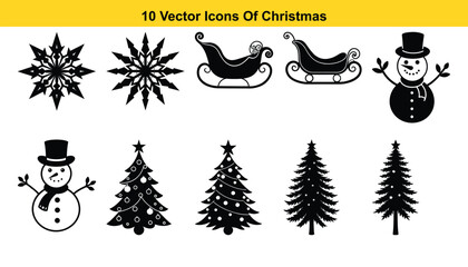 Elegant Black and White Christmas Icon Set Snowflakes, Snowmen, Trees, and Sleighs
