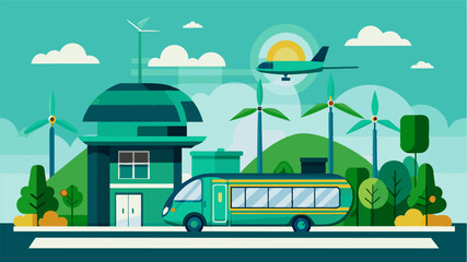 A green transport hub powered by renewable energy and fueled by innovative air taxis offering a new era of sustainable and convenient travel.. Vector illustration