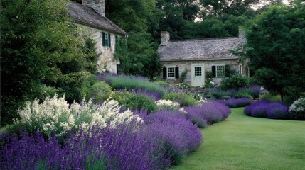 Lavender bushes blooming with purple hues, saturating garden landscape near rustic stone houses, radiating summer sunlight and aromatic herbal fragrance
