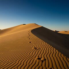 Solitary Footprints on a Golden Desert Dune Under a Deep Blue Sky – Serene Desert Landscape Photography