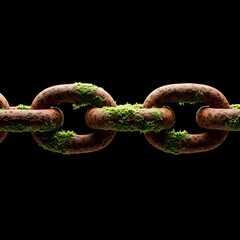 Broken Rusty Industrial Chain Close-Up – Snapped Metal Link with Corrosion and Floating Debris on Black Background