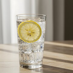 Elegant Glass of Sparkling Water with Lemon and Ice on Beige Stone Surface – Refreshing Minimalist Still Life with Eucalyptus Decor