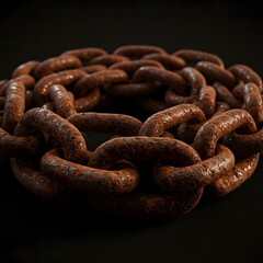 Broken Rusty Industrial Chain Close-Up – Snapped Metal Link with Corrosion and Floating Debris on Black Background