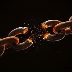 Broken Rusty Industrial Chain Close-Up – Snapped Metal Link with Corrosion and Floating Debris on Black Background