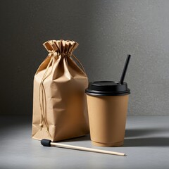 Minimalist Eco-Friendly Coffee Scene with Kraft Paper Cup, Bag, and Wooden Scoop on Neutral Tabletop