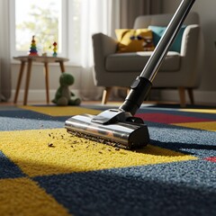 Powerful High-Tech Vacuum Cleaner in Action on Colorful Geometric Carpet – Close-Up Home Cleaning Scene with Toys