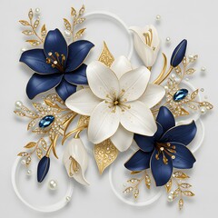 Elegant Artistic Flower Arrangement – Royal Blue, White, and Gold Blossoms with Crystals