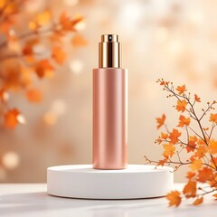 Elegant Blush Pink Skincare Bottle with Gold Cap on Marble – Autumn Beauty Product Scene with Warm Natural Light and Fall Foliage