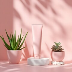 Elegant Blush Pink Skincare Bottle with Gold Cap on Marble – Autumn Beauty Product Scene with Warm Natural Light and Fall Foliage
