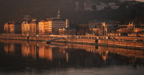 Golden Hour View of the Danube Embankment in Budapest, Hungary
