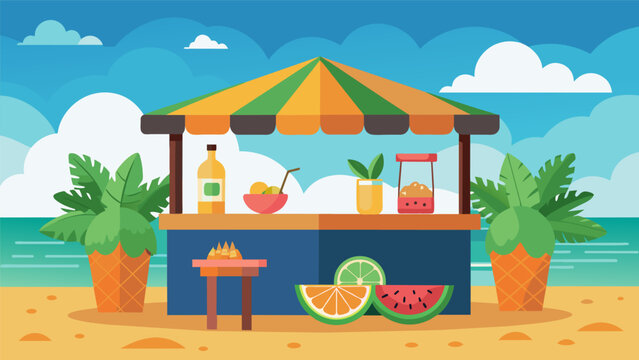 A tropical beach bar with a wide selection of aguas frescas including exotic flavors like passion fruit and guava.. Vector illustration