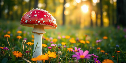Red spotted fly agaric mushroom stands in meadow. Sunlight, floral scenery, grass, colorful flowers. Autumn season in forest. Botanical garden landscape macro photo