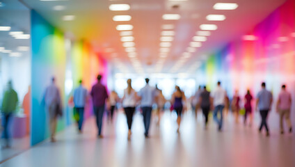 Colorful Corridor with Unfocused Crowd in Motion Featuring Vibrant Ambiance