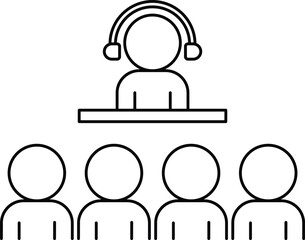 Line drawing of person with headset leading audience