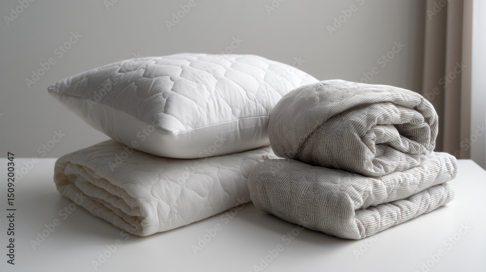Aufkleber two plush pillows are stacked beside a neatly folded blanket in soft tones. the items are placed on 