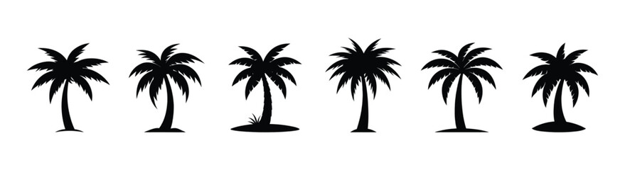 Set of black vector single palm tree icon silhouette , vector illustration .