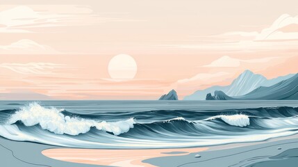 Coastal scene at sunrise with gentle waves.