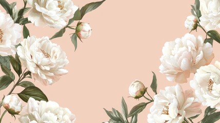 Delicate white peonies on a pale peach background.