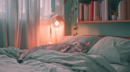 Gray tabby cat sleeping peacefully in a bed.