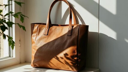 Brown leather tote bag near sunlit window - Powered by Adobe