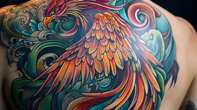 Colorful phoenix tattoo on a person's back, intricate details, stylized design, background art