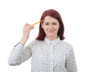 Young smiling businesswoman, holding a pencil pointed to forehead, drawing imaginary thoughts isolated on transparent background. Thinking positive concept