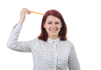 Young smiling businesswoman, holding a pencil pointed to head, drawing something imaginary isolated on transparent background