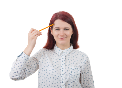 Young smiling businesswoman, holding a pencil pointed to forehead, drawing imaginary thoughts isolated on transparent background. Thinking positive concept