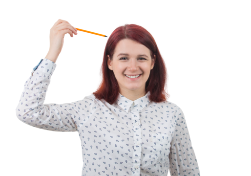 Young smiling businesswoman, holding a pencil pointed to head, drawing something imaginary isolated on transparent background