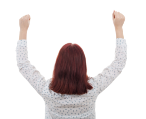 Rear view young businesswoman in suit lifting arms up. Business strength and success concept isolated on transparent background