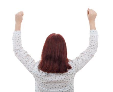 Rear view young businesswoman in suit lifting arms up. Business strength and success concept isolated on transparent background - Powered by Adobe