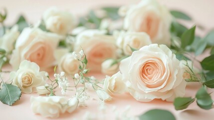 Delicate arrangement of pastel roses and greenery.