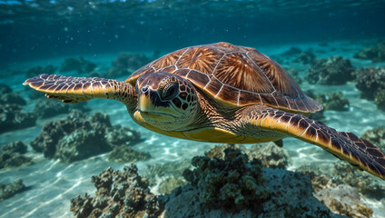 Obraz premium Hawaiian Green Sea Turtle (Chelonia mydas) swimming underwater. Created using generative AI tools