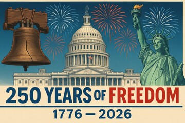 Capitol With Liberty Icons And 250 Years Of Freedom Text