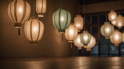Obraz premium Many paper lanterns hang in a room creating a warm and festive atmosphere.