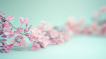 Delicate pink and purple flowers on a mint green backdrop.