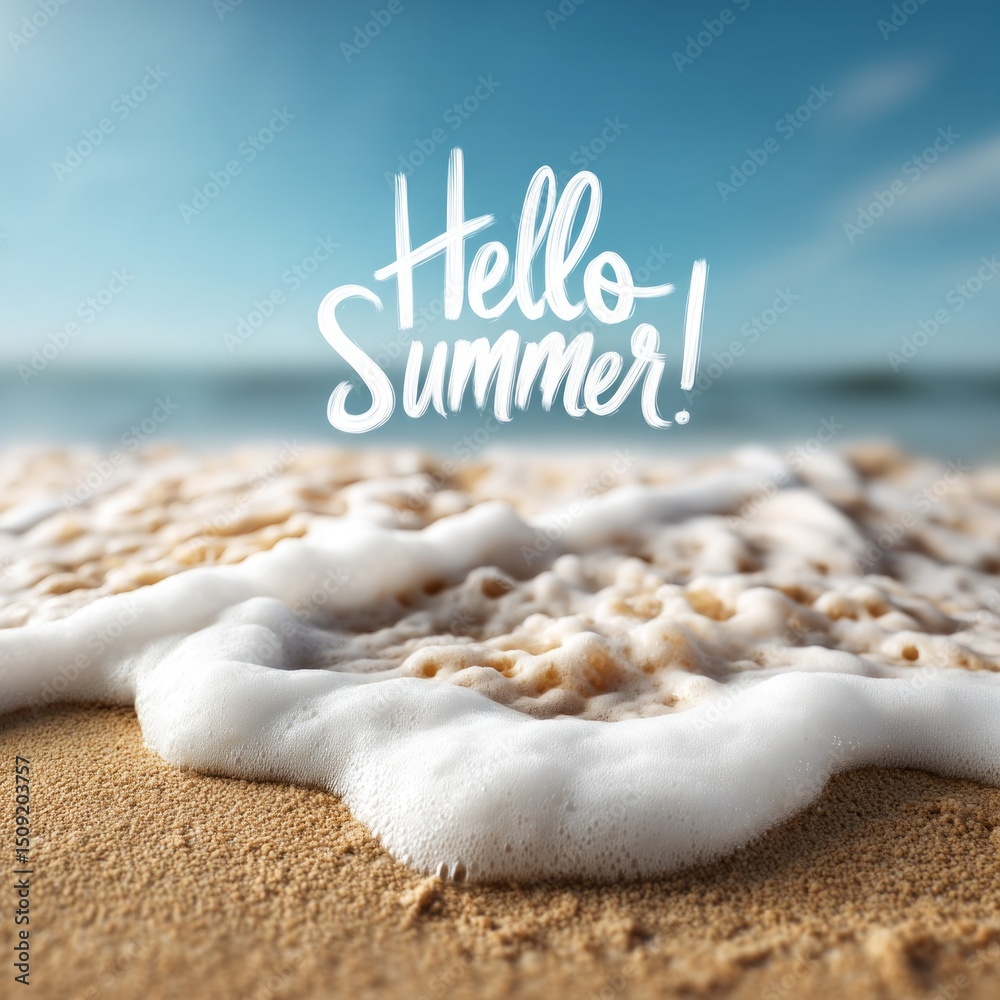 Poster waves wash ashore, creating foam that contrasts with golden sand. the clear sky highlights the vibra
