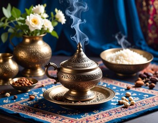 Aromatic Incense Burning in Antique Brass Censer with Spices and Rice