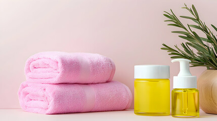 Soft Pink Towels and Yellow Bottles on Pink Background