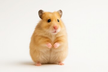 Adorable Golden Hamster Standing Upright on Hind Legs Curious Expression Isolated on Pure White Studio Background