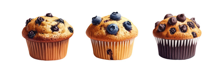 Fresh Muffins Blueberry Chocolate Chip Bran  isolated on a transparent backgroun