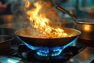 Close-up of a gas stove with a blue flame, a cooking wok on top, with a focus on the flames and details