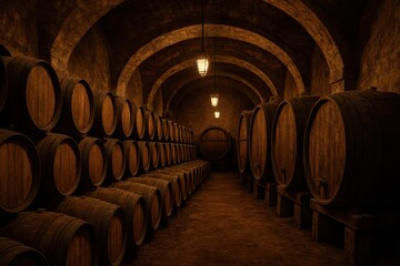 Atmospheric Old Wine Cellar with Rows of Dusty Oak Barrels and Casks Aging Red Wine in a Traditional Spanish Winery Stone Walls and Dim Lighting