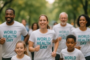 Blurred Bokeh Image of a Diverse Group of People Actively Participating in a Charity Walk or Run Event for World Health Day Awareness