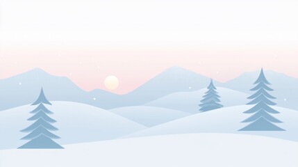 Pastel winter landscape with snow-covered hills and trees.