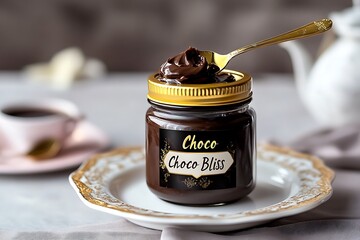 Chocolate spread in a squat jar with golden cap, “Choco Bliss” label, spoon dipped inside, styled on a dessert plate 