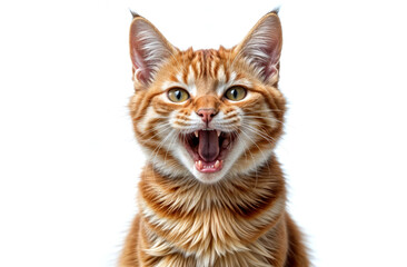 Energetic orange tabby cat expressing excitement with a bright open mouth against a white background