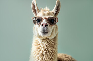 Llama wearing sunglasses poses for a playful moment indoors at a studio setting with a soft background